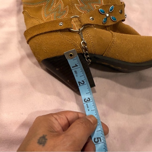 Dingo Tan Suede Heeled Boots with Blue Accents - Picture 11 of 11